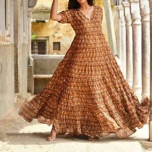 Daughters of India Chaaya Maxi Dress Chai Hand Block Print Boho Size XS